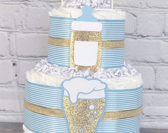 Baby is Brewing Diaper Cake, Bottles and Beer Brew Baby Shower Centerpiece Decor, BabyQ BBQ Baby Q Barbecue Co-Ed Shower Boy Blue, 2 Tier