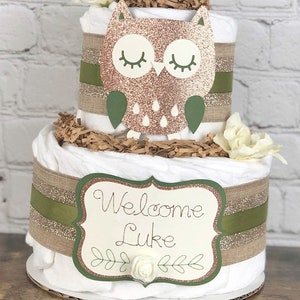 Owl Diaper Cake, Baby Shower Decor, Baby Shower Centerpiece Gift, Gender Neutral Boy Green Burlap Diaper Cake, Woodland Animal, 2 Tier