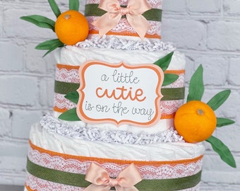 Cutie Citrus Diaper Cake, Baby Shower Centerpiece, Virtual Baby Shower Decor Gift, Gender Neutral Garden Orange Mandarin Clementine, 3 tier