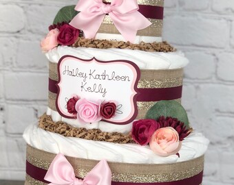 Burgundy Pink Floral Diaper Cake, Baby Shower Centerpiece Decor