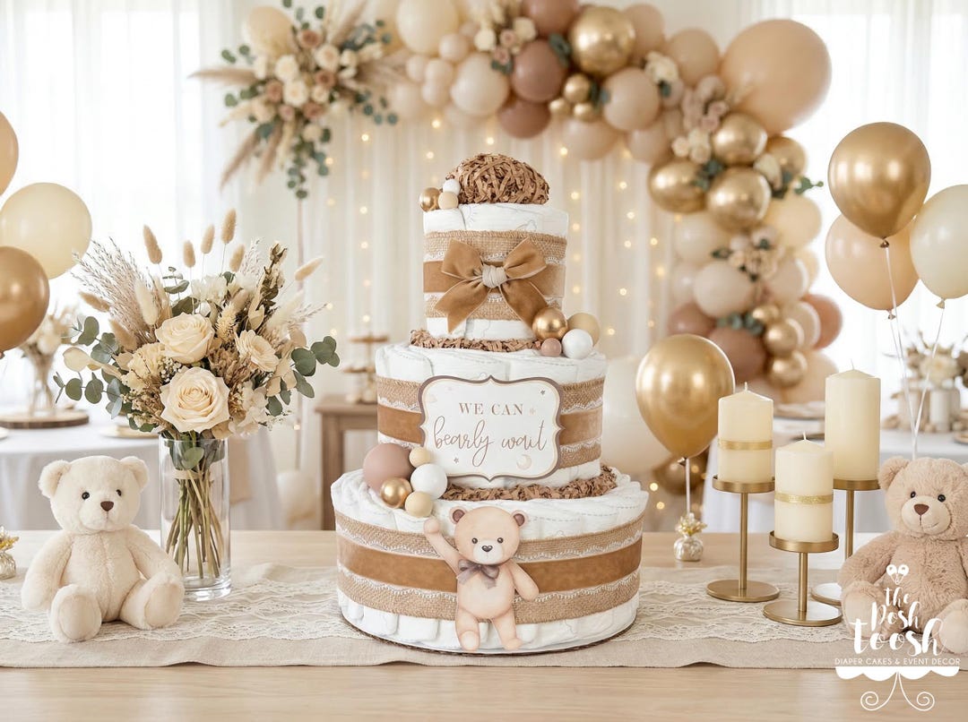 Bear Diaper Cake, Baby Shower Centerpiece Decor Gift, Gender Neutral ...