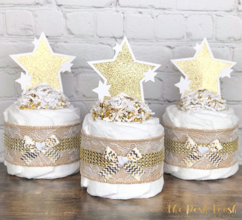 Twinkle Twinkle Baby Shower Centerpiece Set, Twinkle Twinkle Diaper Cake, Baby Shower Decor Gift, Little Star Moon Gold Burlap, Set of 3 image 1