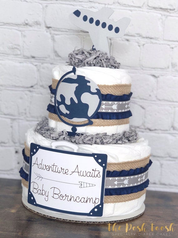 Travel Diaper Cake Baby Shower Centerpiece Decor Boy Arrow Airplane Globe Suitcase The Places You Ll Go World Adventure Awaits 2 Tier