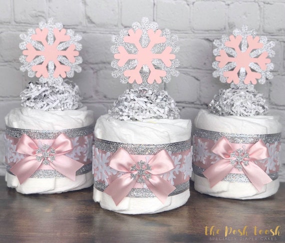 Snowflake Diaper Cake Set, Baby Shower Gift Centerpiece Decor,mini Girl  Pink Silver Little Snowflake Baby It's Cold Outside Winter, Set of 3 