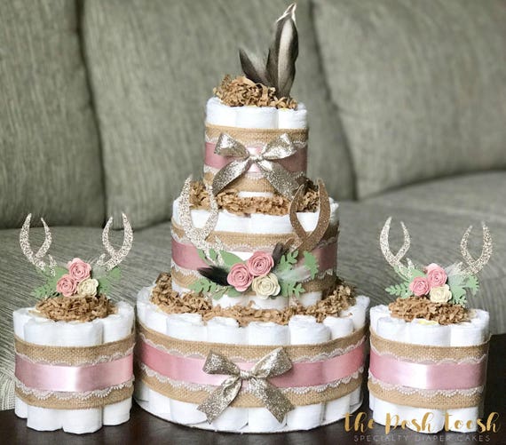 Deer Antler Diaper Cake Set Pink Burlap Lace Rustic Boho Chic Etsy