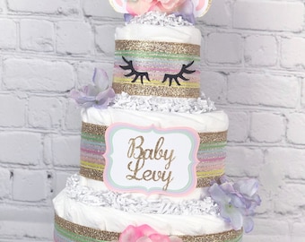 Unicorn Diaper Cake, Baby Shower Centerpiece Decor, Pink Purple Mint Gold Unicorn Baby Shower Mystical Magical Girl Floral Rainbow, 3 Tier