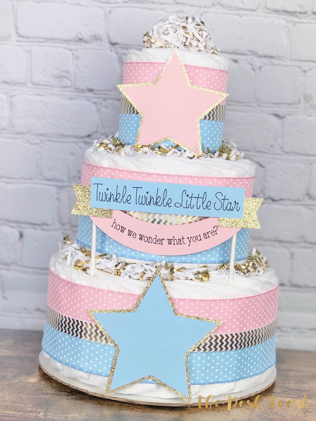 Twinkle Twinkle Gender Reveal Diaper Cake, Pink Blue Gold Twinkle ...