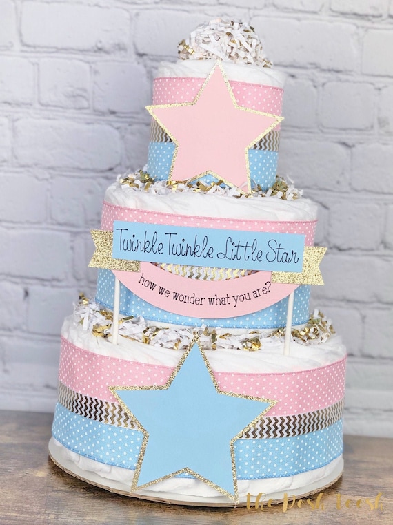 Twinkle Twinkle Pink and Gold with Moon and Stars Blue, Pink, and Yellow Options 3 Tier Diaper Cake