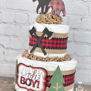 Lumberjack Diaper Cake, Baby Shower Decor Centerpiece, Woodland Burlap Bear Buffalo Plaid Mountain Man Outdoor Woods Fall Decor, 2 Tier image 2