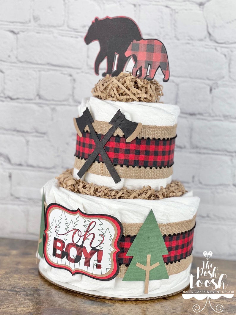 Lumberjack Diaper Cake, Baby Shower Decor Centerpiece, Woodland Burlap Bear Buffalo Plaid Mountain Man Outdoor Woods Fall Decor, 2 Tier image 2