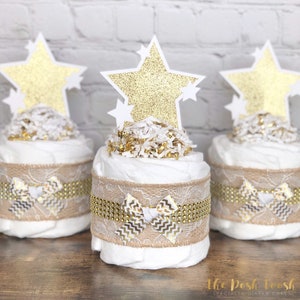 Twinkle Twinkle Baby Shower Centerpiece Set, Twinkle Twinkle Diaper Cake, Baby Shower Decor Gift, Little Star Moon Gold Burlap, Set of 3 image 2