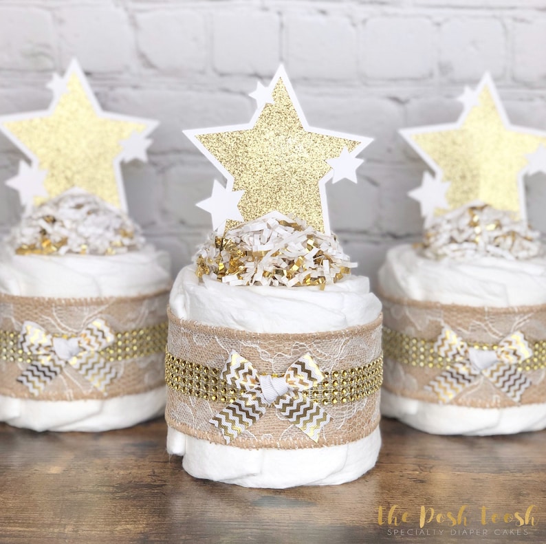 Twinkle Twinkle Baby Shower Centerpiece Set, Twinkle Twinkle Diaper Cake, Baby Shower Decor Gift, Little Star Moon Gold Burlap, Set of 3 image 2
