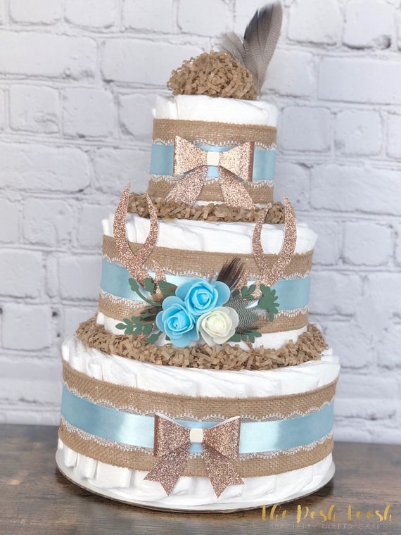 Deer Antler Diaper Cake Centerpiece, Boho Rustic Burlap Lace Blue