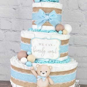Bear Diaper Cake, Baby Shower Centerpiece Decor Gift, Boy Blue Brown Neutral We Can Bearly Wait, Teddy Balloon Woodland Baby Shower, 3 tier