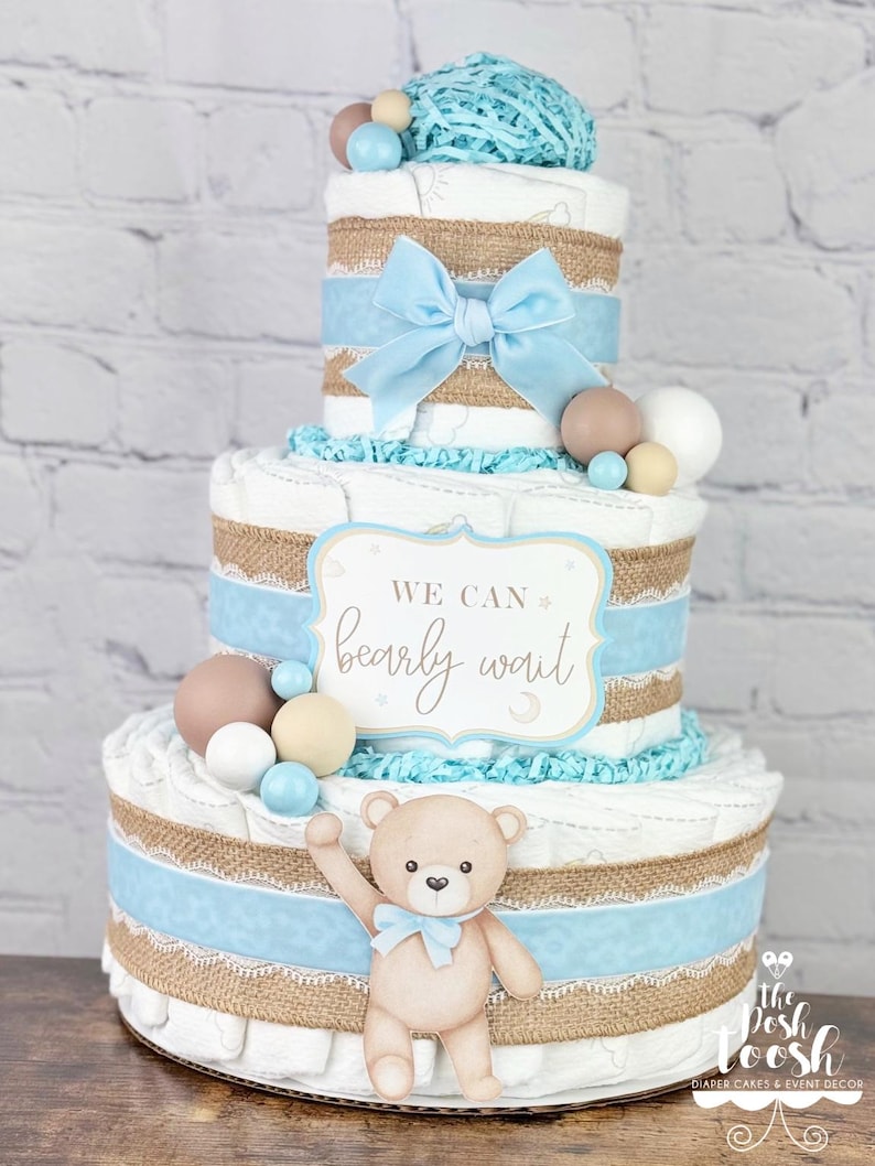 Bear Diaper Cake, Baby Shower Centerpiece Decoration Gift, Blue Boy ...