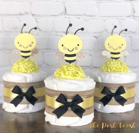 Gender Neutral Baby Gift or Centerpiece Mini Gender Reveal What Will It Bee Diaper Cake with Yellow /& Black Bee Slippers Gift Wrapped!