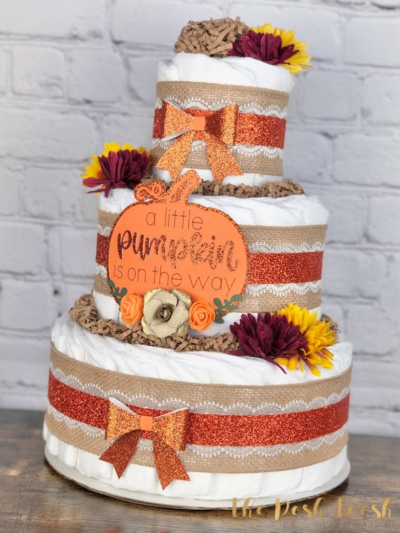 Shower Diaper Baby Little Pumpkin Diaper Cake Fall Pumpkin Diaper Cake, Drive By Baby Shower Centerpiece Decor, Gender  Neutral A Little Pumpkin Is On The Way Orange Red Yellow, Tier