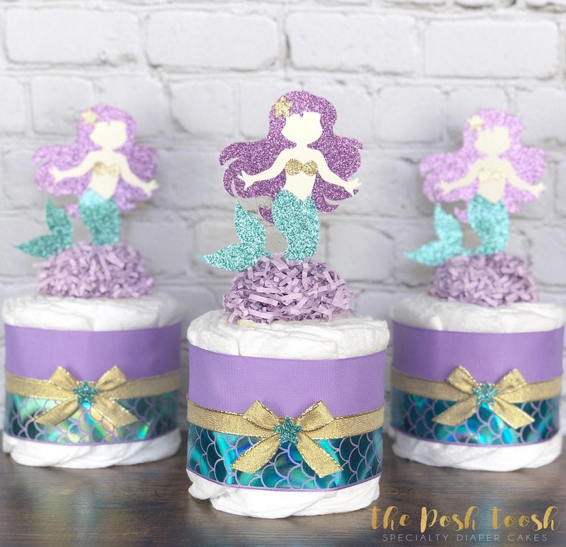 Baby Shower Decor Centerpiece Present Set of 3 mini Purple Teal Gold Under the Sea Little Mermaid Seashell Girl Mermaid Diaper Cake Set