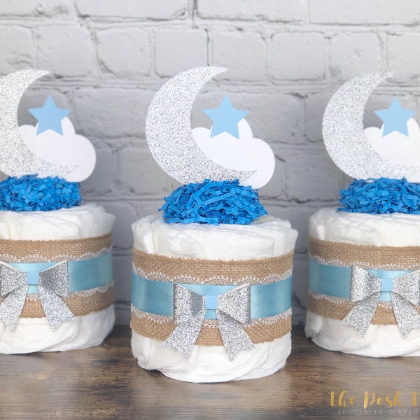 Set of 3 Love You To The Moon And Back Diaper Cake, Baby Shower Gift, Baby Shower Centerpiece Decor, Mini Silver Blue Boy Moon Star, 1 Tier