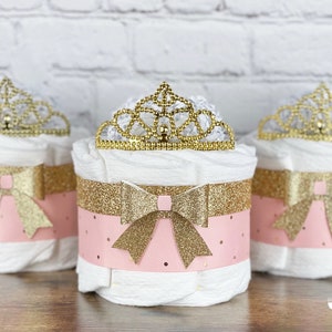 Princess Diaper Cake Set, Baby Shower Decor Centerpiece Present, Royal Little Princess Pink and Gold Tiara Crown Girl Queen, Set of 3