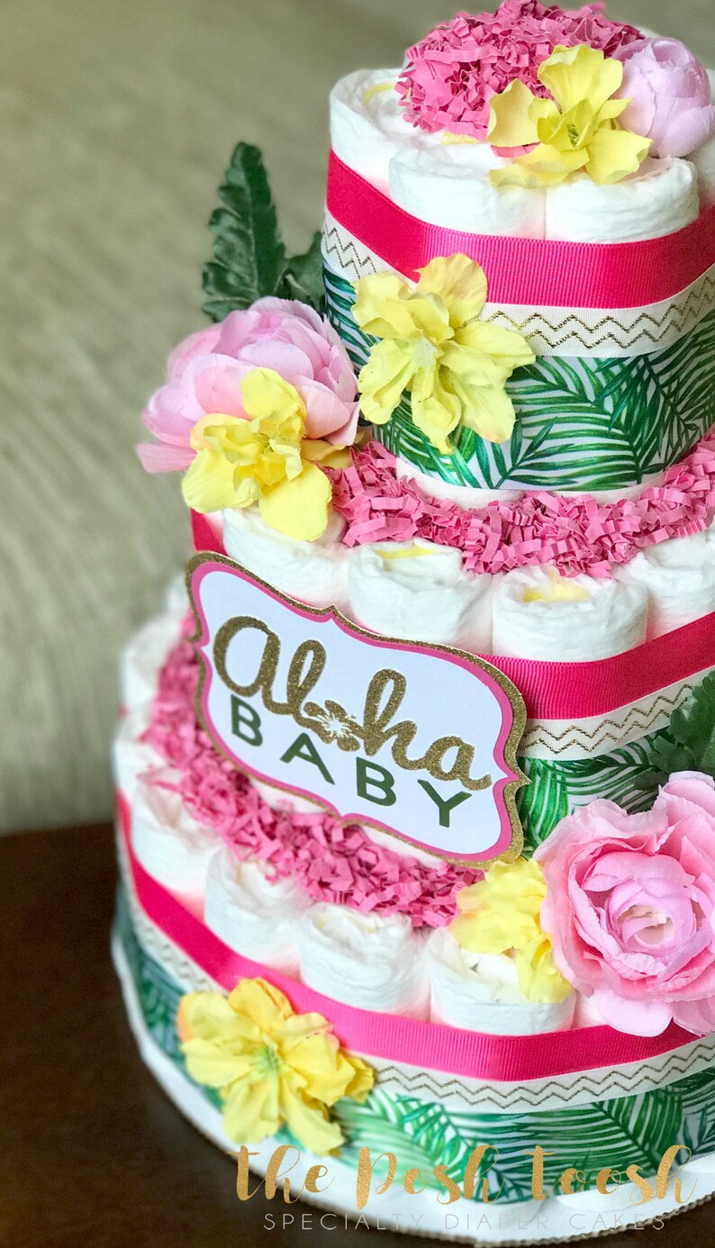 Luau Pineapple Flamingo Pink Green Girl 3 Tier Tropical Floral Palm Baby Shower Diaper Cake Aloha Baby Hawaiian Diaper Cake Centerpiece Kitchen Dining Kitchen Decor Cospicon Com