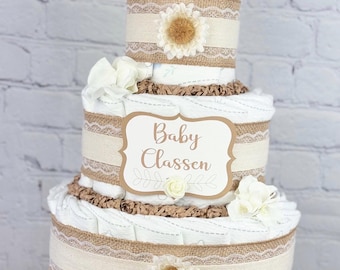 Gender Neutral Diaper Cake, Baby Shower Centerpiece Decor Gift, Natural Burlap Lace Floral Shabby Chic Boho Personalized gift, 3 Tier