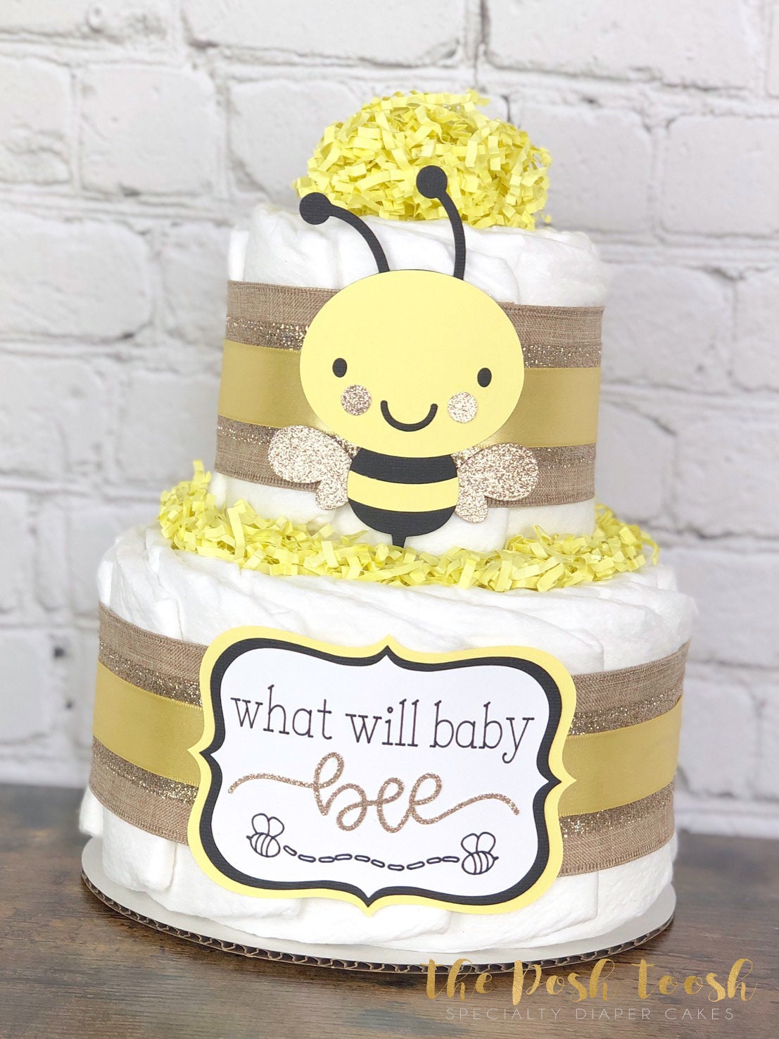 Bee Diaper Cake Baby Shower Centerpiece Virtual Baby Shower Decor Gift Gender Neutral Yellow Gold Black Burlap What will baby