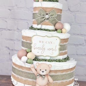 Bear Diaper Cake, Baby Shower Centerpiece Decor Gift, Gender Neutral Sage Green Brown We Can Bearly Wait, Teddy Balloon Baby Shower, 3 tier