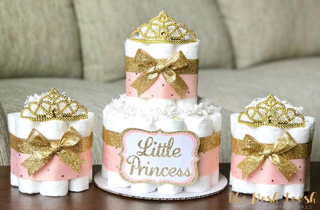Pink Tiara Diaper Cake, Little Princess Pink Gold Tiara Crown Baby