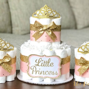 Pink Tiara Diaper Cake, Little Princess Pink Gold Tiara Crown Baby Shower Diaper Cake, Baby Shower Decor Centerpiece, Baby Shower Gift, Set