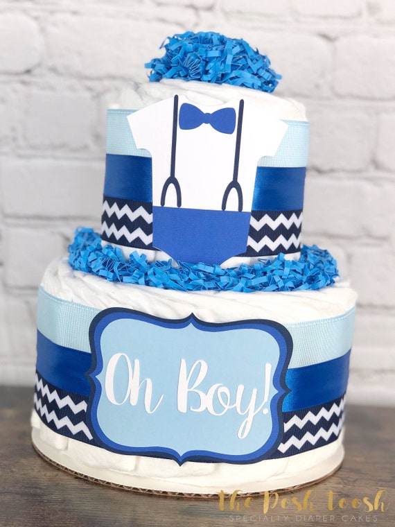 Oh Boy Diaper Cake,blue Chevron Ombre Bowtie Suspenders Little Man