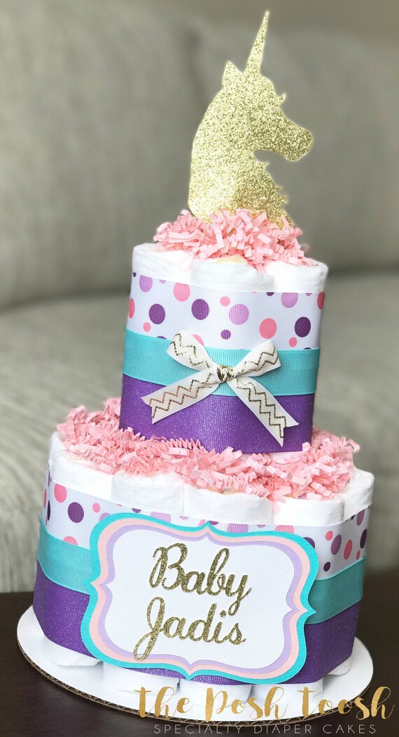 Unicorn Diaper Cake Baby Shower Centerpiece Decor Gift Pink Purple Teal Mystical Magical Girl Fl Rainbow 2 Tier