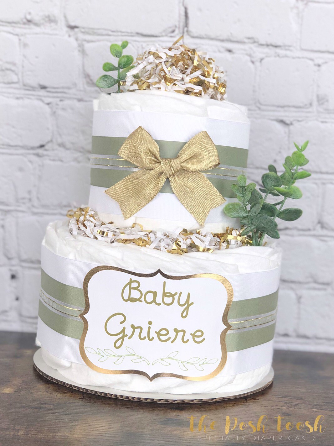 Eucalyptus Diaper Cake Greenery White Gold Succulent Baby Etsy