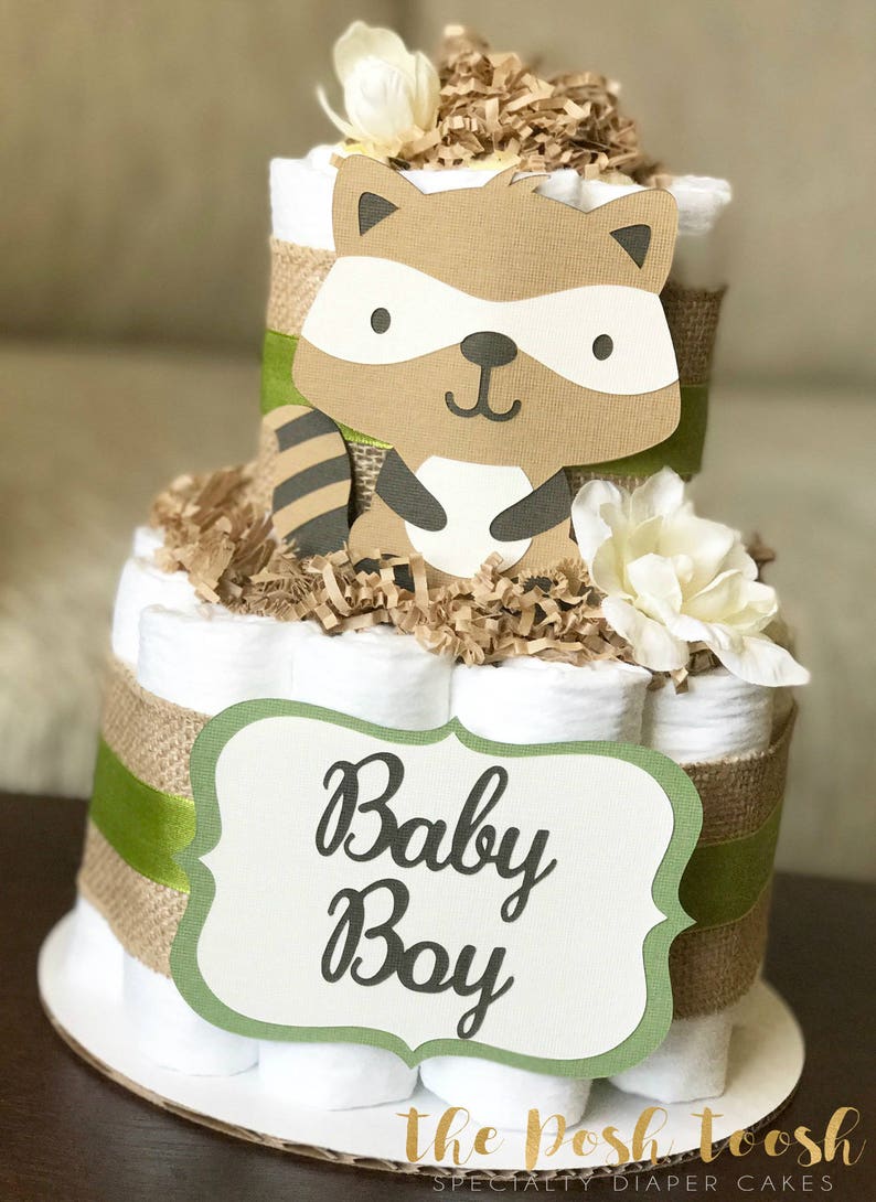 Boy Burlap Green Floral Fox Raccoon Owl Deer,2 tier Baby Shower Centerpiece Gender Neutral Woodland Diaper Cake Baby Shower Decor Gift