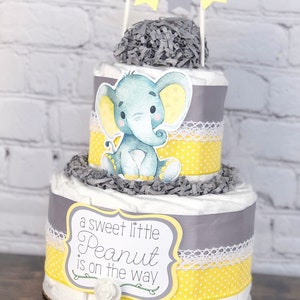 Yellow Elephant Diaper Cake, Gender Neutral Diaper Cake, Virtual Baby Shower By Mail Decor Gift, Floral Elephant Safari Animals, 2 tier image 2