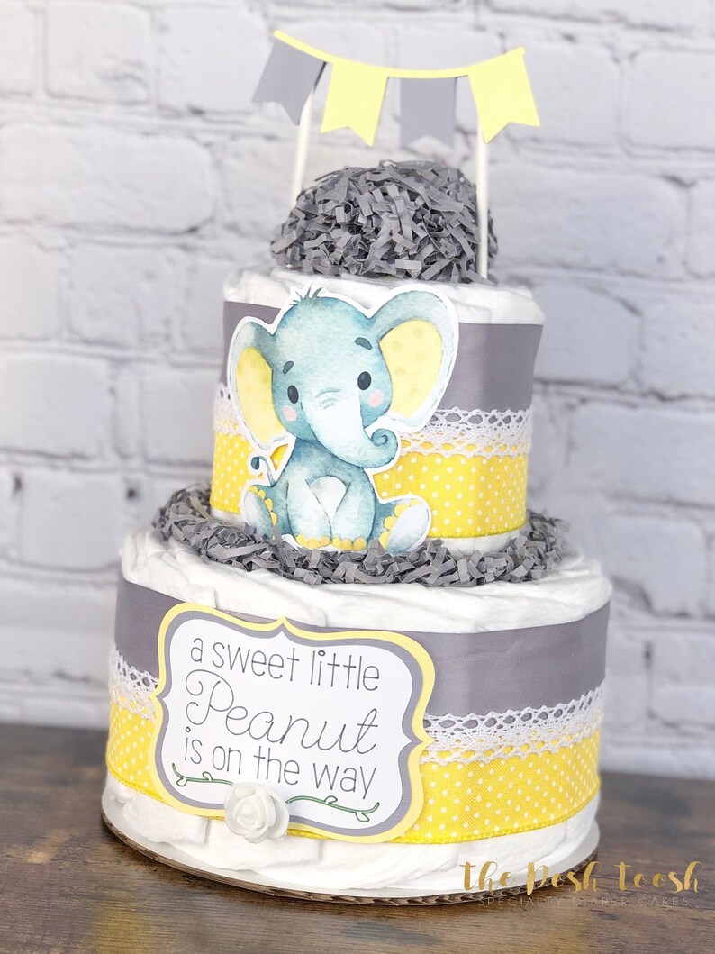 Yellow Elephant Diaper Cake, Gender Neutral Diaper Cake, Virtual Baby Shower By Mail Decor Gift, Floral Elephant Safari Animals, 2 tier image 2