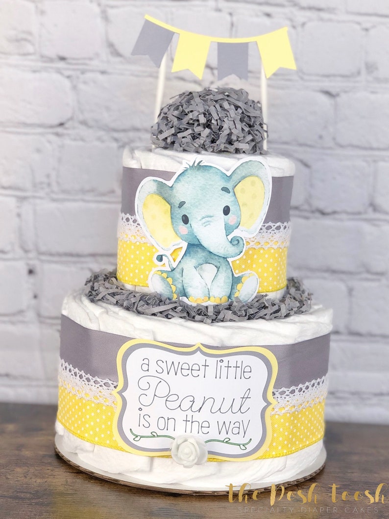 Yellow Elephant Diaper Cake, Gender Neutral Diaper Cake, Virtual Baby Shower By Mail Decor Gift, Floral Elephant Safari Animals, 2 tier image 1