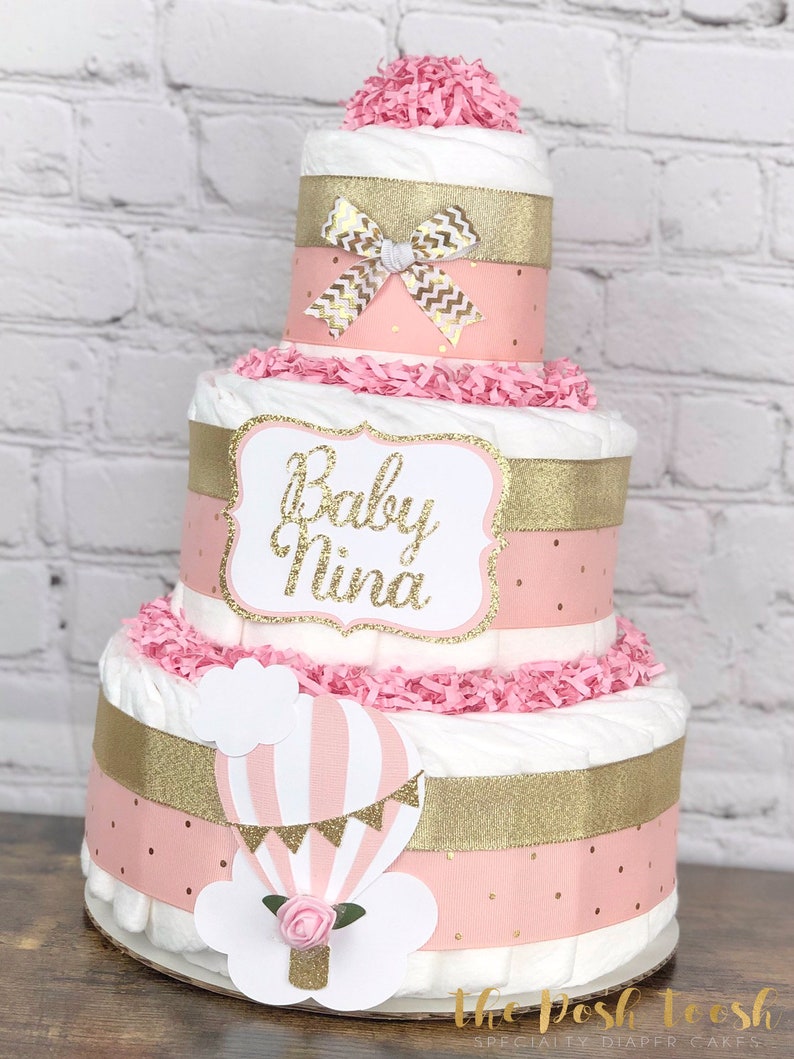 Pink Hot Air Balloon Diaper Cake Girl Pink and Gold Up Up
