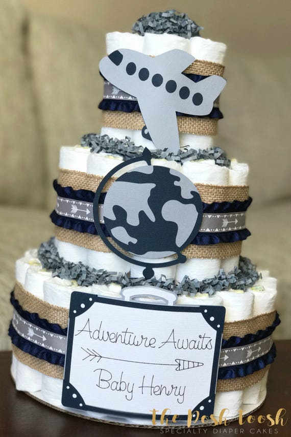 Travel Diaper Cake Baby Shower Centerpiece Decor Boy Arrow Airplane Globe Suitcase The Places You Ll Go World Adventure Awaits 3 Tier