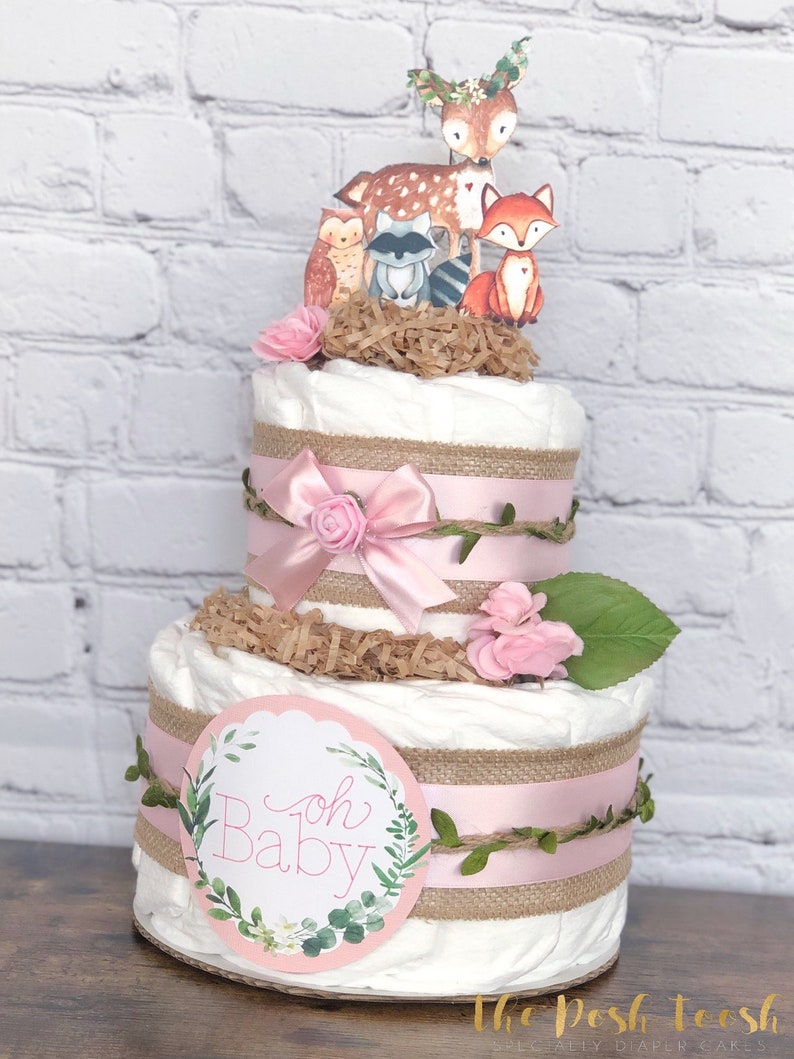 Floral Woodland Diaper Cake, Baby Shower Centerpiece Decor Gift, Girl ...