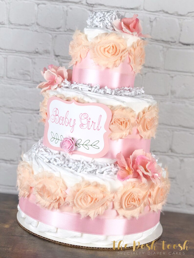 Satin Pink Rose Diaper Cake, Virtual Baby Shower Centerpiece Decor Gift, Pink Girly Flower Floral Diaper Cake, Girl Feminine Elegant,3 tier image 2