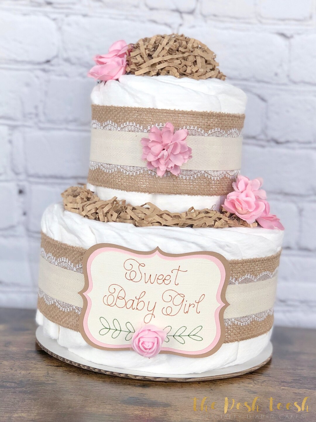 Pink Shabby Chic Diaper Cake, Baby Shower Centerpiece Decor Gift ...