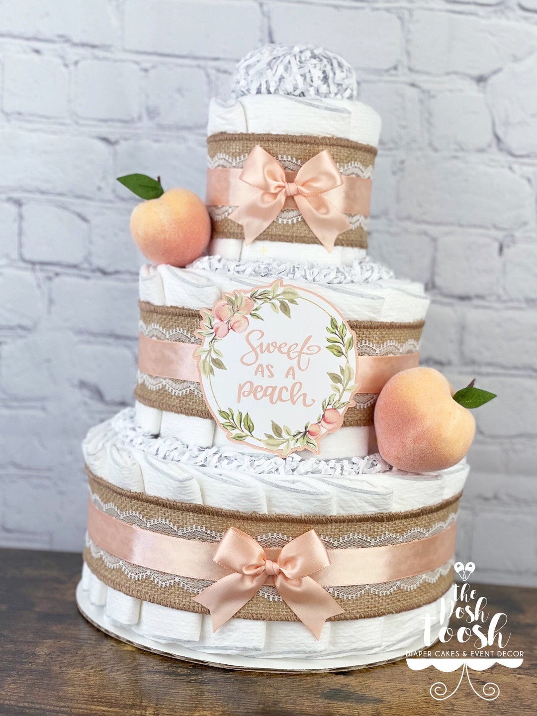 Peach Diaper Cake, Baby Shower Centerpiece Decor Gift, Gender - Main Image