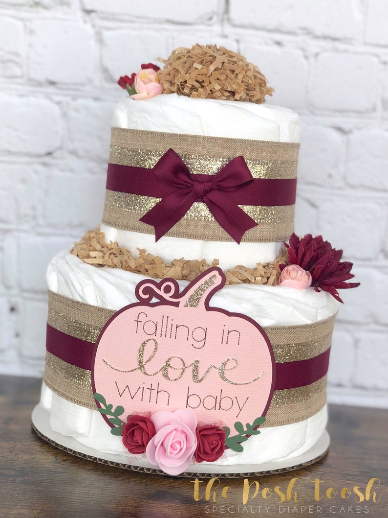 Fall Floral Pumpkin Diaper Cake, Baby Shower Centerpiece Decor, Fall in Love Shabby Chic Rustic Girl Pink Burgundy Gold Sunflower, 2 Tier image 1