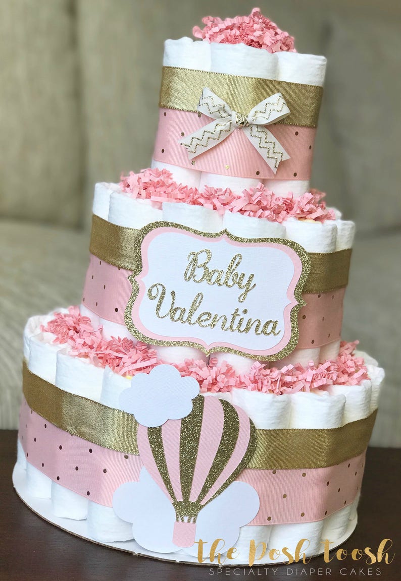 Pink Hot Air Balloon Diaper Cake Girl Pink And Gold Up Up And Away Adventure Awaits Clouds Diaper Cake Baby Shower Centerpiece 3 Tier