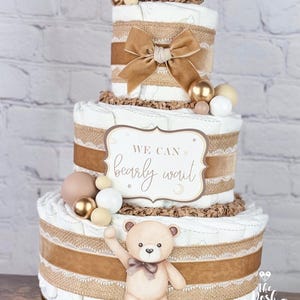 Bear Diaper Cake, Baby Shower Centerpiece Decor Gift, Gender Neutral Tan Gold Brown We Can Bearly Wait, Teddy Balloon Baby Shower, 3 tier