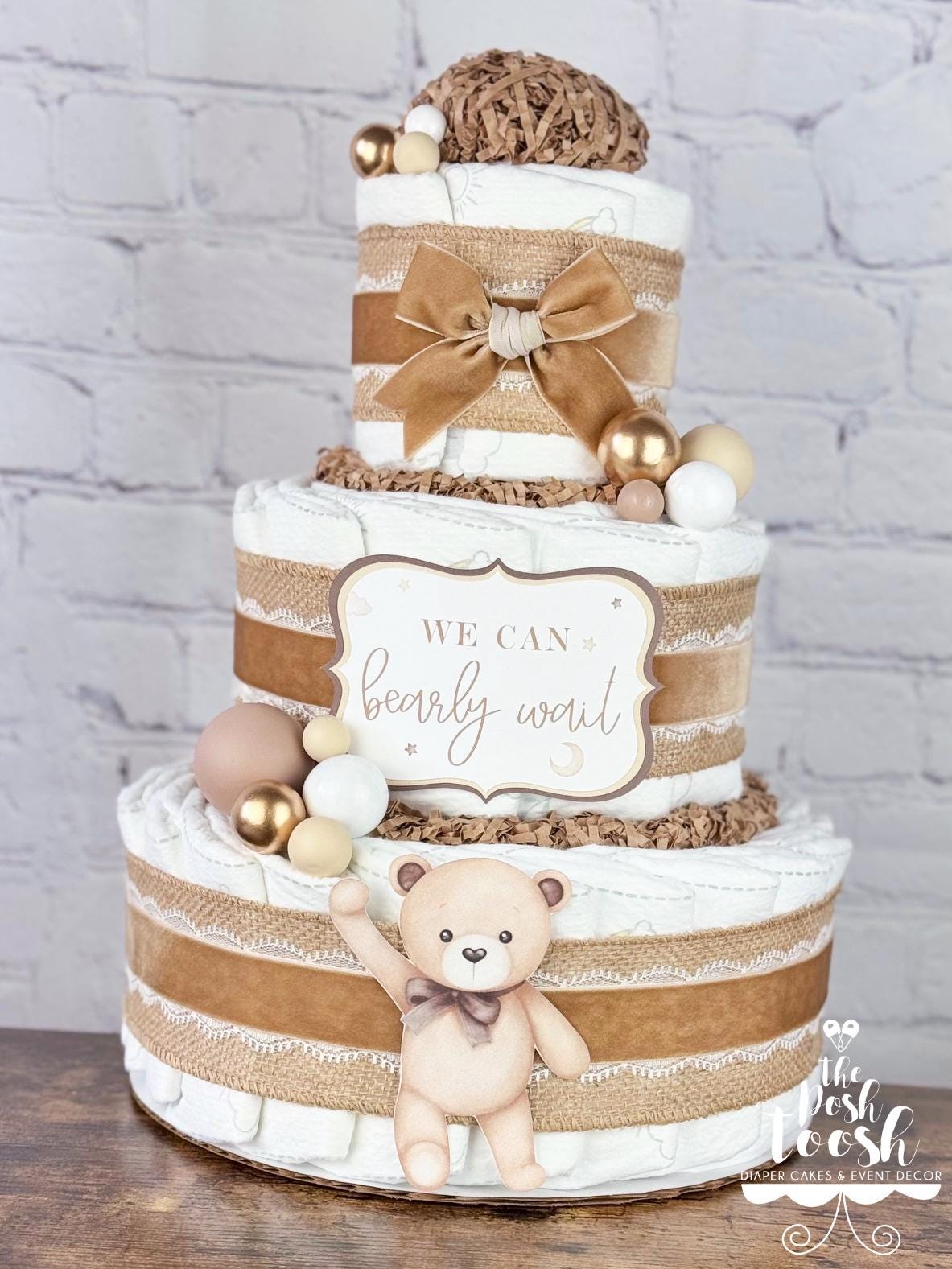Bear Diaper Cake, Baby Shower Centerpiece Decor Gift, Gender Neutral ...