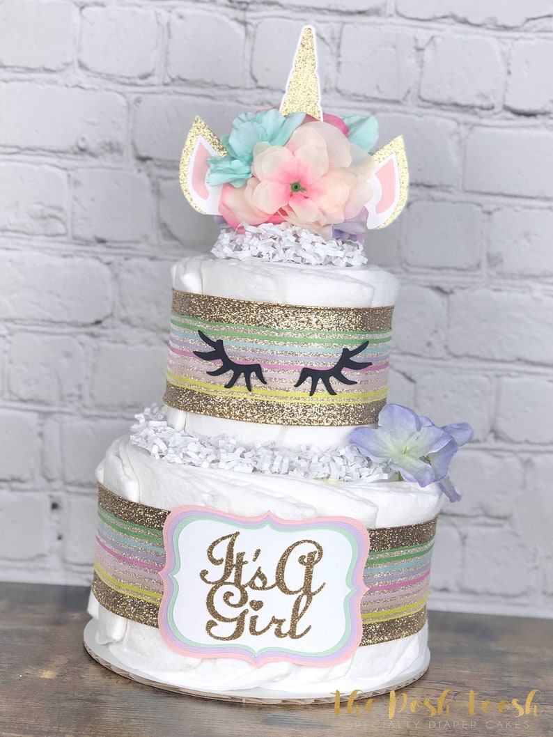 Unicorn Diaper Cake, Baby Shower Centerpiece Decor, Pink Purple Mint Gold Unicorn Baby Shower Mystical Magical Girl Floral Rainbow, 2 Tier image 1