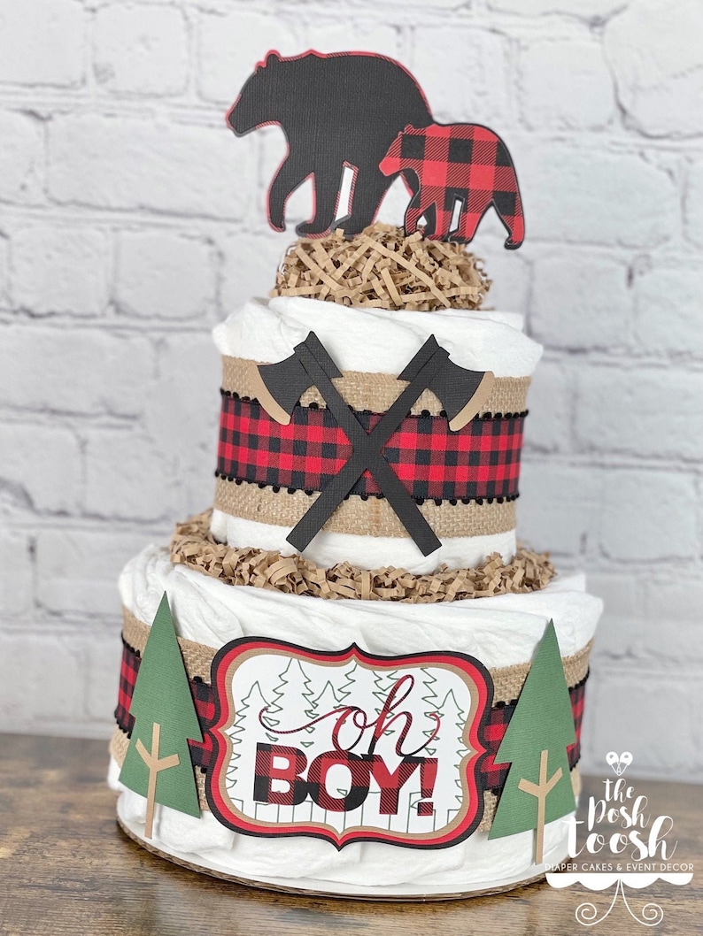 Lumberjack Diaper Cake, Baby Shower Decor Centerpiece, Woodland Burlap Bear Buffalo Plaid Mountain Man Outdoor Woods Fall Decor, 2 Tier image 1