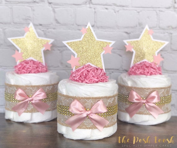 Twinkle Twinkle Little Star Baby Shower Diaper Cake Pink and Gold Star Mommy to be Diaper Cake for girls Gifts for Baby Baby Girl